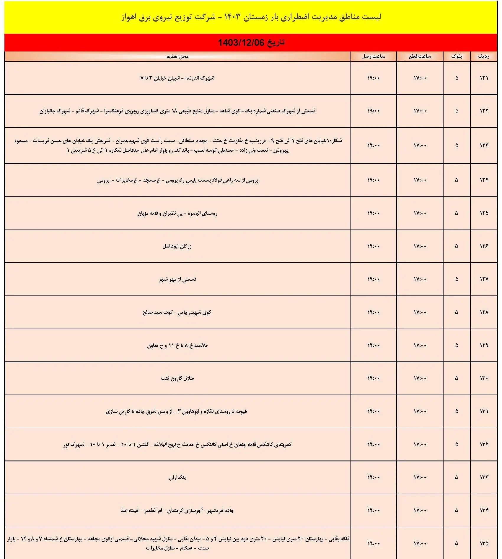 جدول قطعی برق اهواز و جدول خاموشی برق اهواز و خوزستان دوشنبه 6 اسفند 1403 (8)