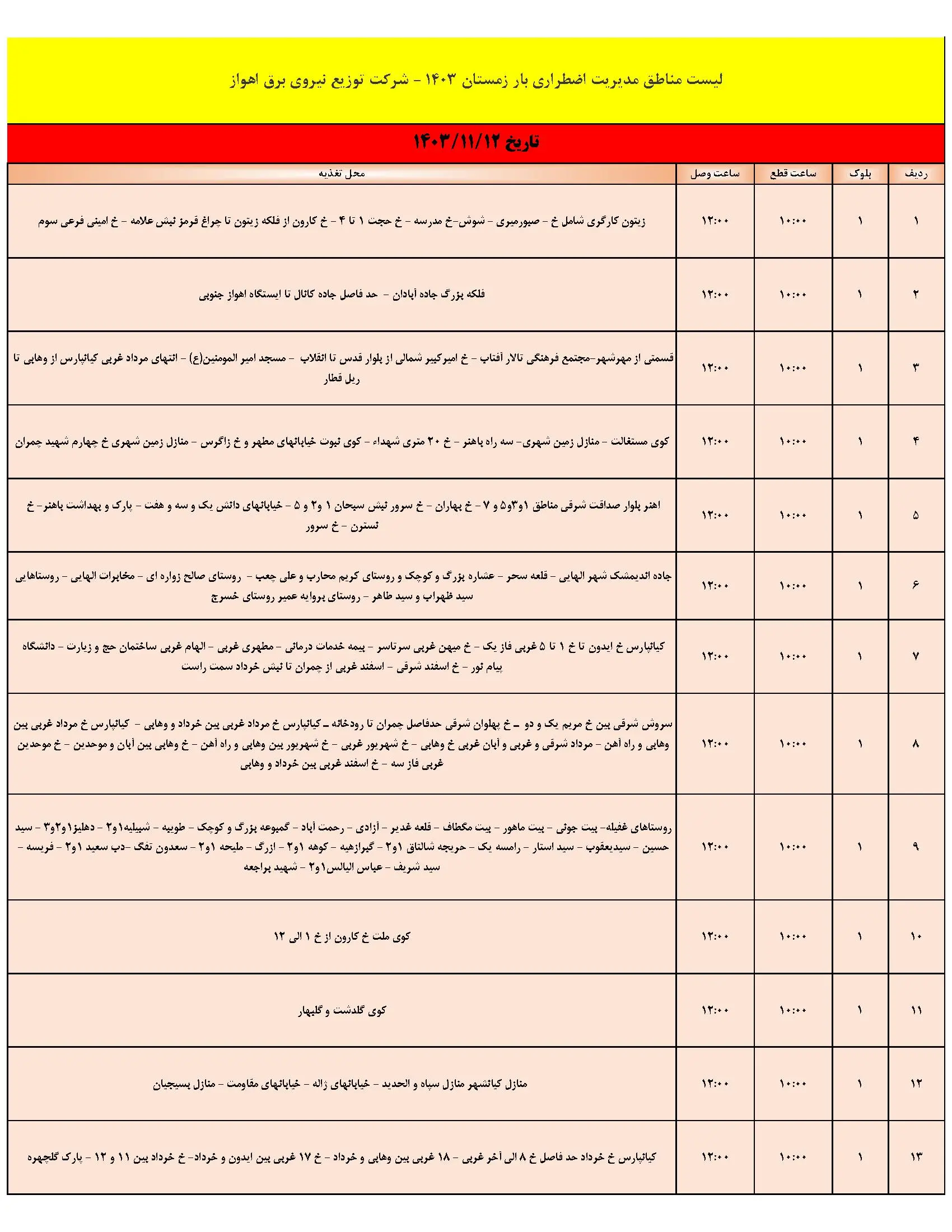 جدول خاموشی برق اهواز و قطعی برق خوزستان جمعه 12 بهمن ماه 1403 (1)