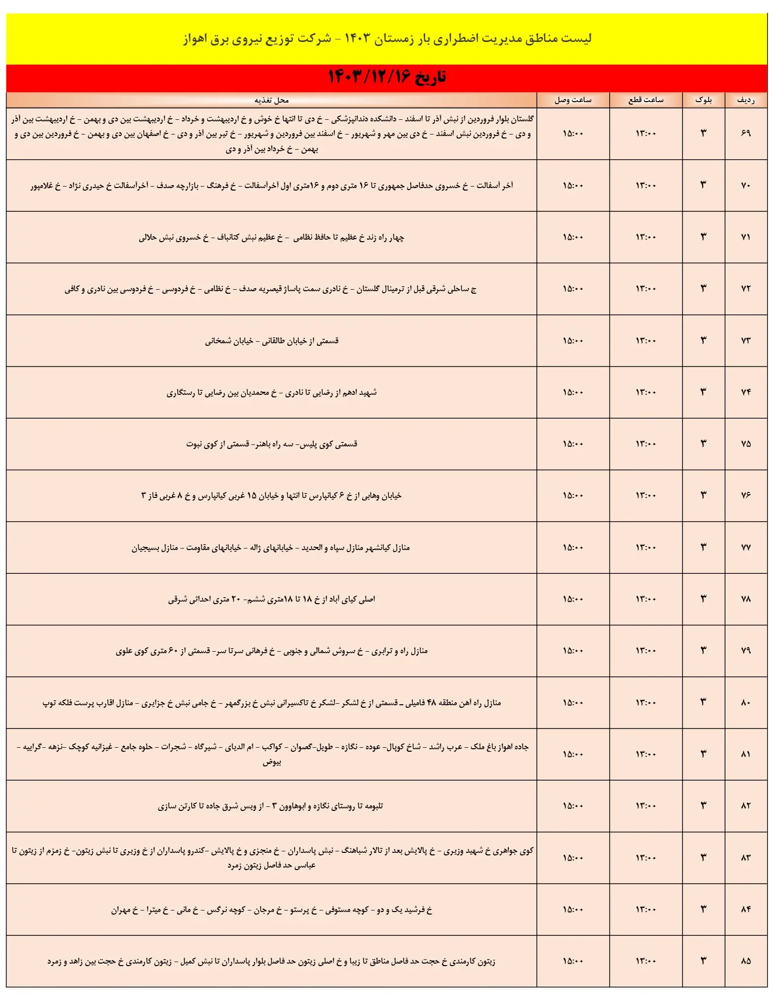 زمان قطعی برق اهواز16اسفند1403+جدول خاموشی برق (5)