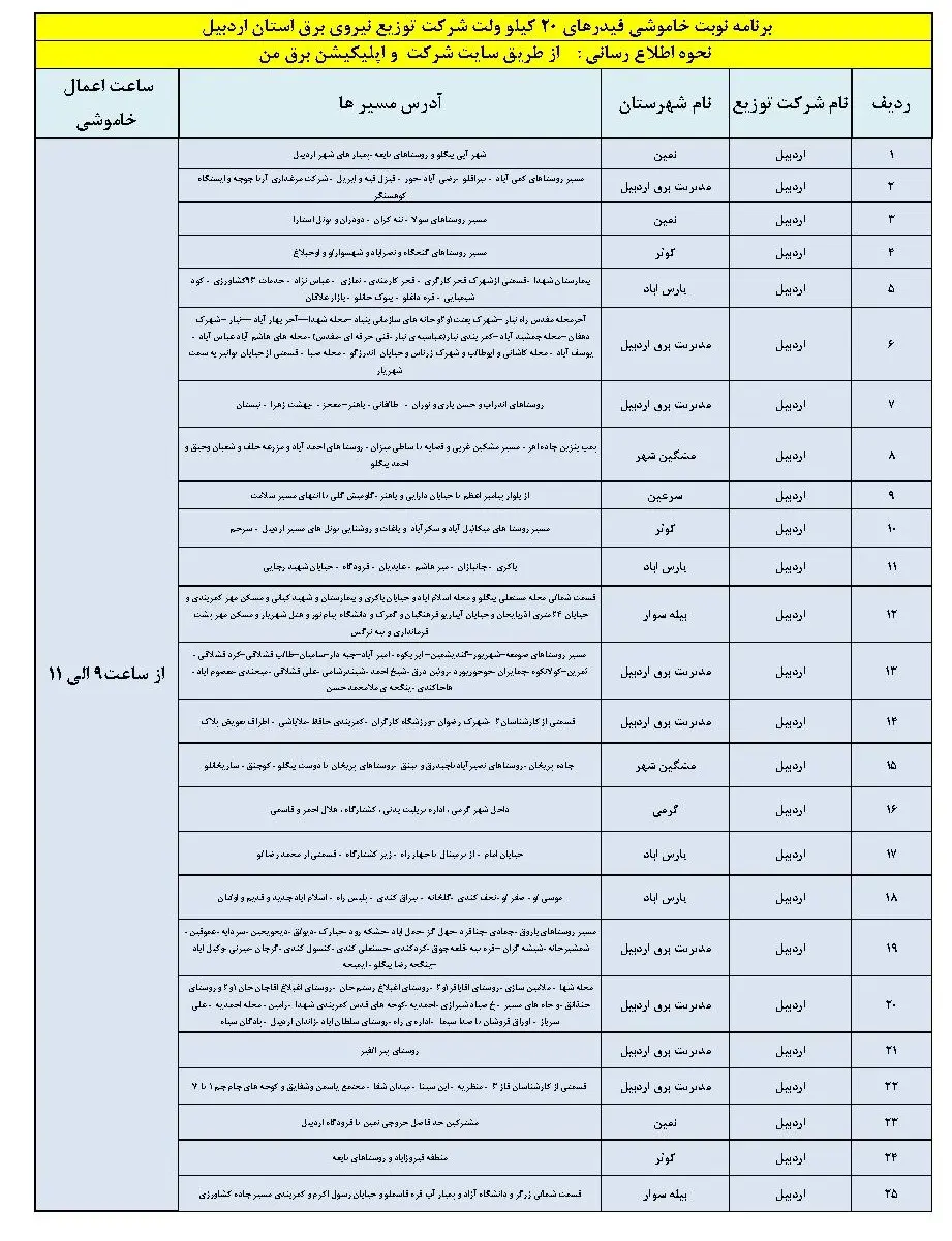 جدول خاموشی برق اردبیل و برنامه قطعی برق اردبیل جمعه 26 بهمن ماه 1403 (1)