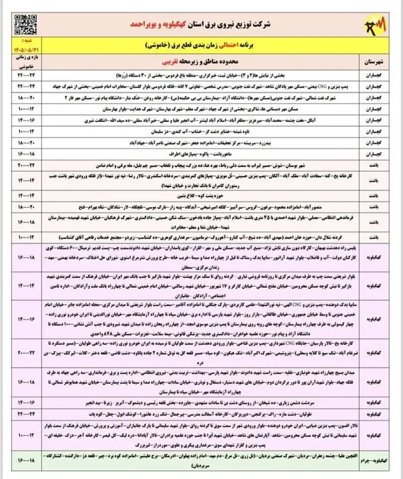 خاموشی با برنامه برق در کهگیلویه و بویراحمد