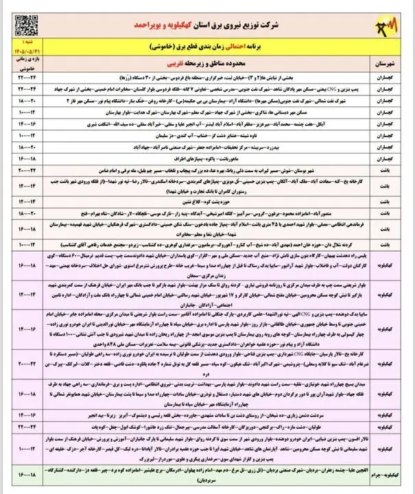 خاموشی با برنامه برق در کهگیلویه و بویراحمد