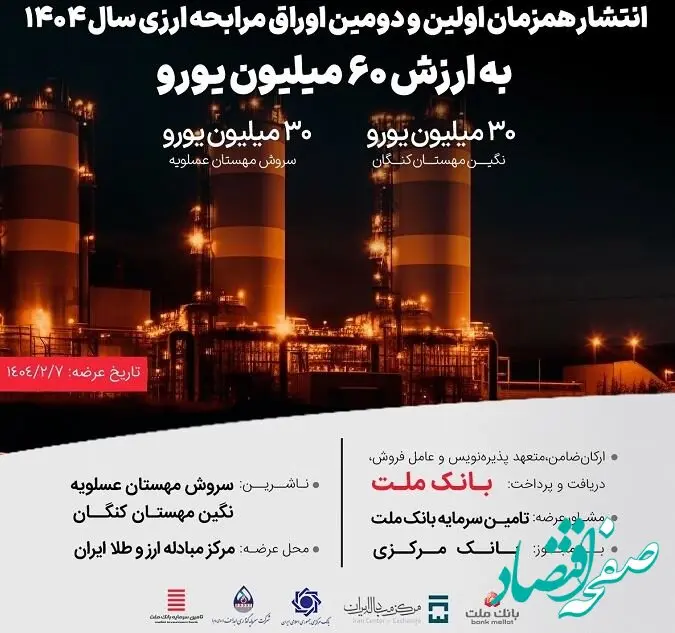 انتشار ۶۰ میلیون یورو اوراق مرابحه ارزی بانک ملت برای ۲ پروژه بزرگ پتروشیمی