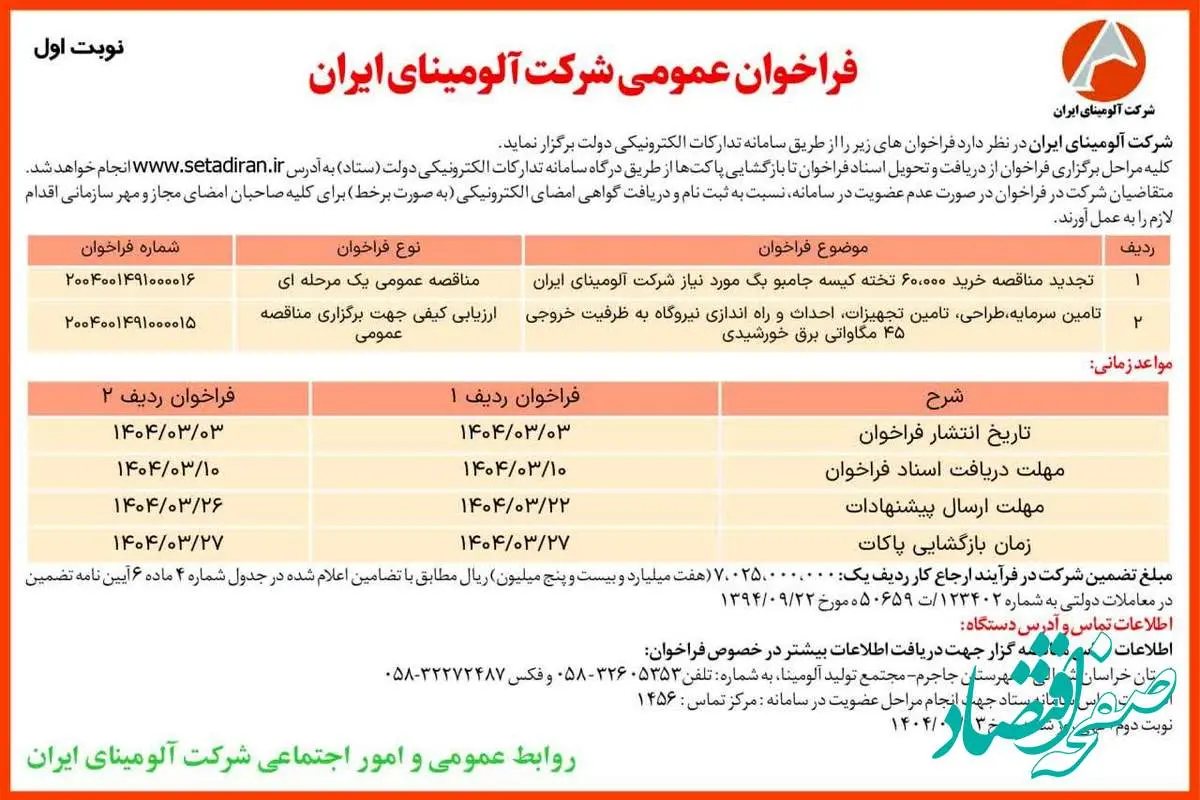 چاپ و انتشار نوبت اول آگهی فراخوان های عمومی شرکت آلومینای ایران در روزنامه های