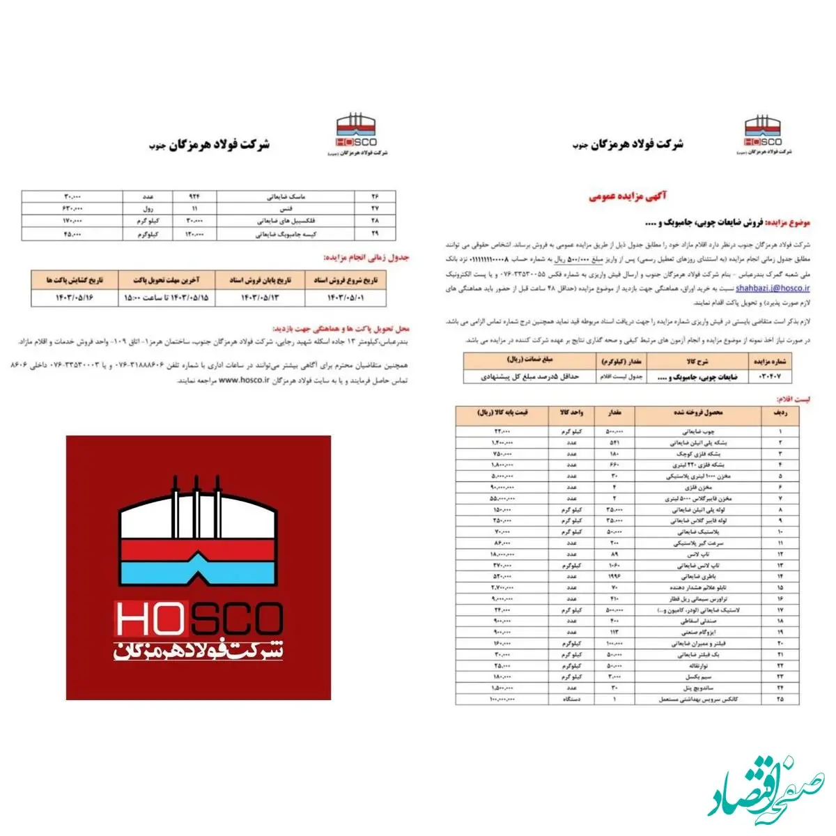 آگهی مزایده عمومی شرکت فولاد هرمزگان جنوب