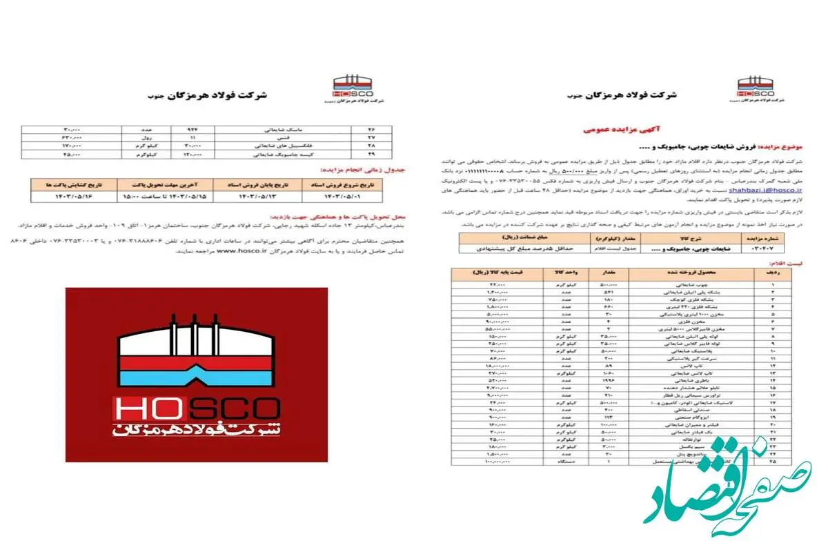 آگهی مزایده عمومی شرکت فولاد هرمزگان جنوب