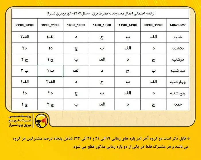 جزئیات جدید از تغییر جدول قطعی برق در شیراز