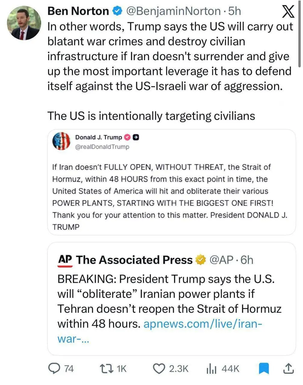 واکنش بن نورتون، روزنامه‌نگار آمریکایی به تهدید اخیر ترامپ برای حمله به نیروگاه‌های ایران