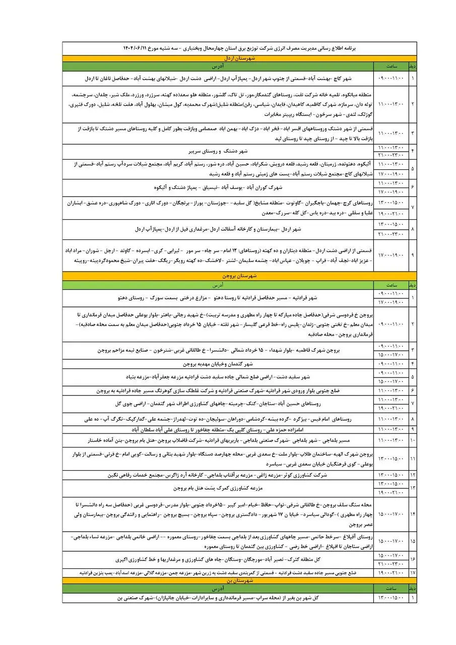 برنامه قطعی برق چهارمحال‌ و بختیاری‌ سه شنبه ۱۱ شهریور + جدول