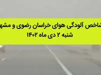 شاخص آلودگی هوای خراسان رضوی و مشهد امروز شنبه ۲ دی ماه ۱۴۰۲ + کیفیت هوای مشهد امروز به تفکیک مناطق