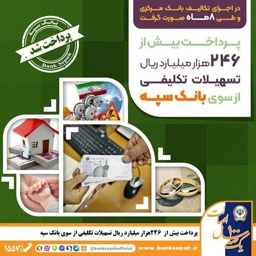 پرداخت بیش از ۲۴۶ هزار میلیارد ریال تسهیلات تکلیفی از سوی بانک سپه