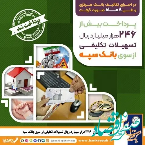 پرداخت بیش از ۲۴۶ هزار میلیارد ریال تسهیلات تکلیفی از سوی بانک سپه