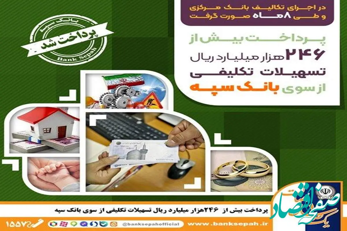 پرداخت بیش از ۲۴۶ هزار میلیارد ریال تسهیلات تکلیفی از سوی بانک سپه