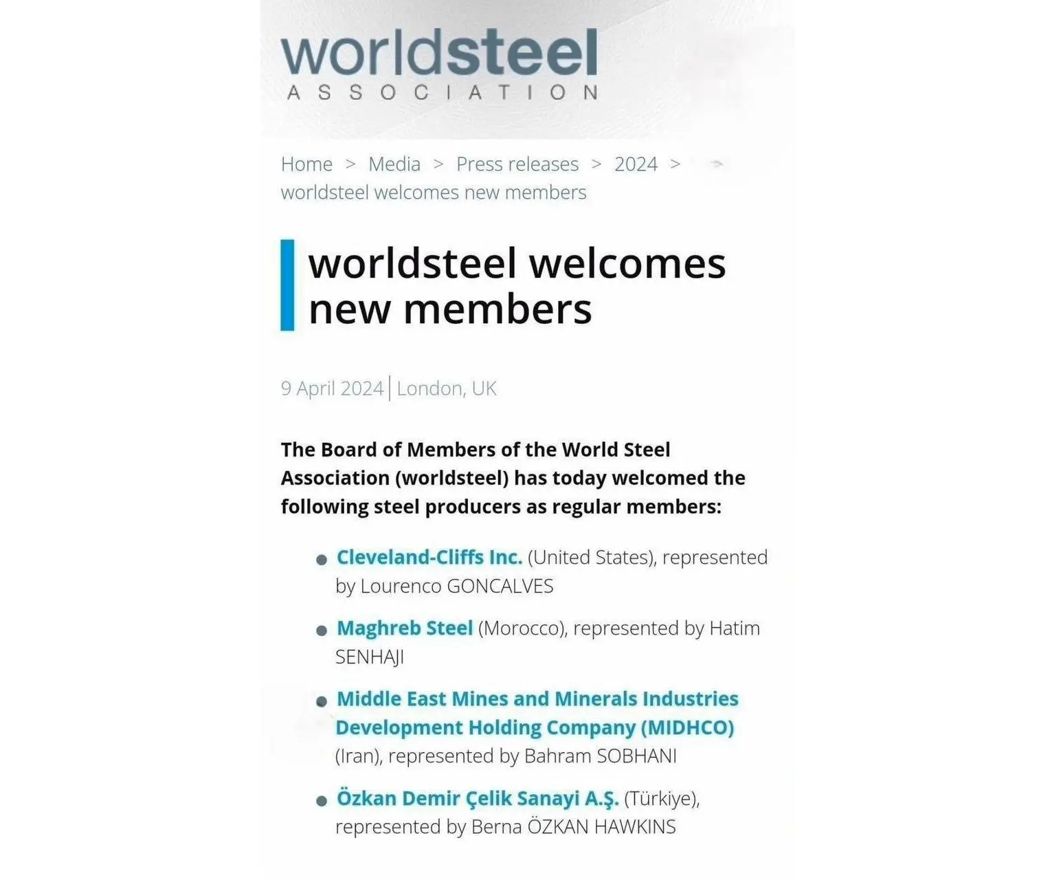 میدکو به عضویت انجمن جهانی فولاد درآمد