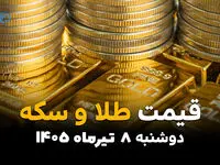 جدیدترین قیمت طلا و سکه امروز دوشنبه ۸ تیر ۱۴۰۵ | بازار طلا و سکه نزولی شد