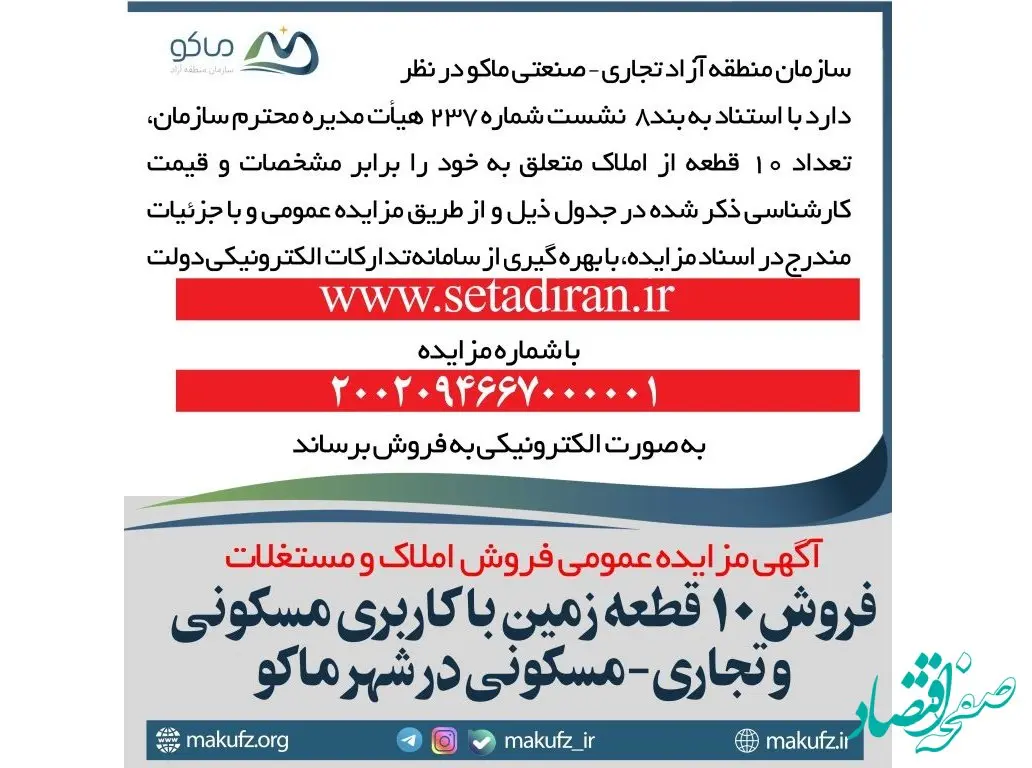 آگهی مزایده »فروش ۱۰ قطعه زمین با کاربری مسکونی و تجاری-مسکونی در شهر ماکو