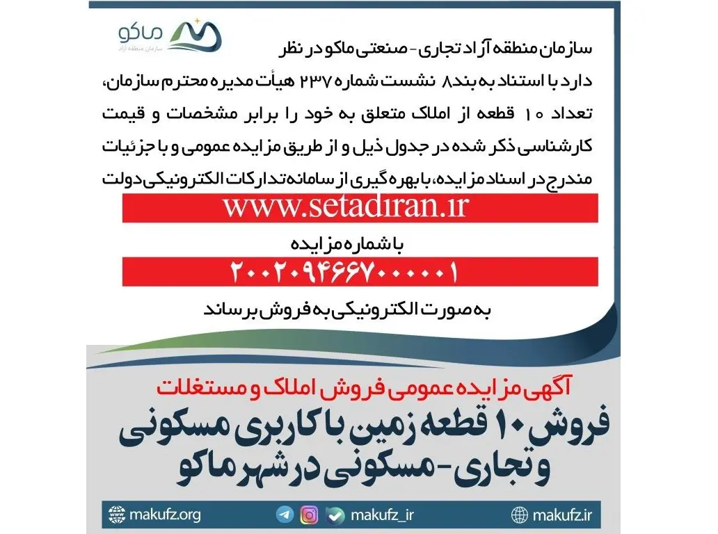 آگهی مزایده »فروش ۱۰ قطعه زمین با کاربری مسکونی و تجاری-مسکونی در شهر ماکو