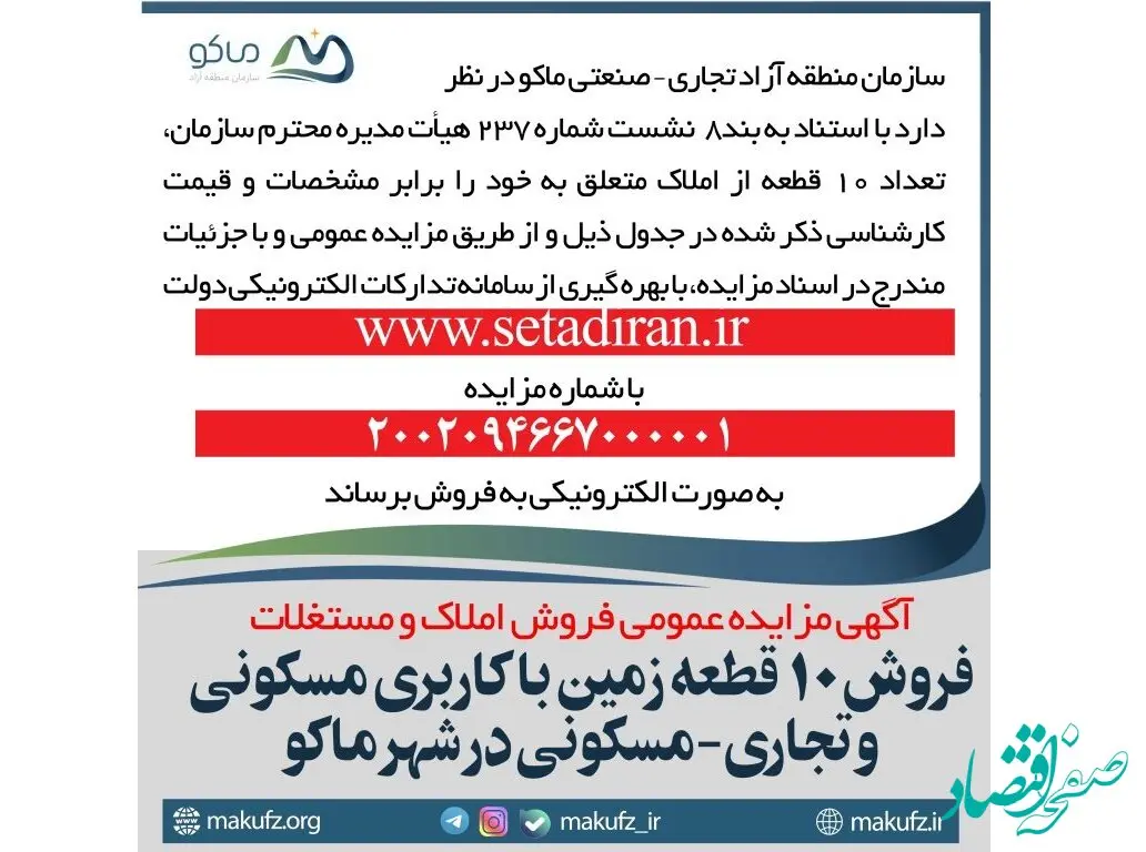 آگهی مزایده »فروش ۱۰ قطعه زمین با کاربری مسکونی و تجاری-مسکونی در شهر ماکو