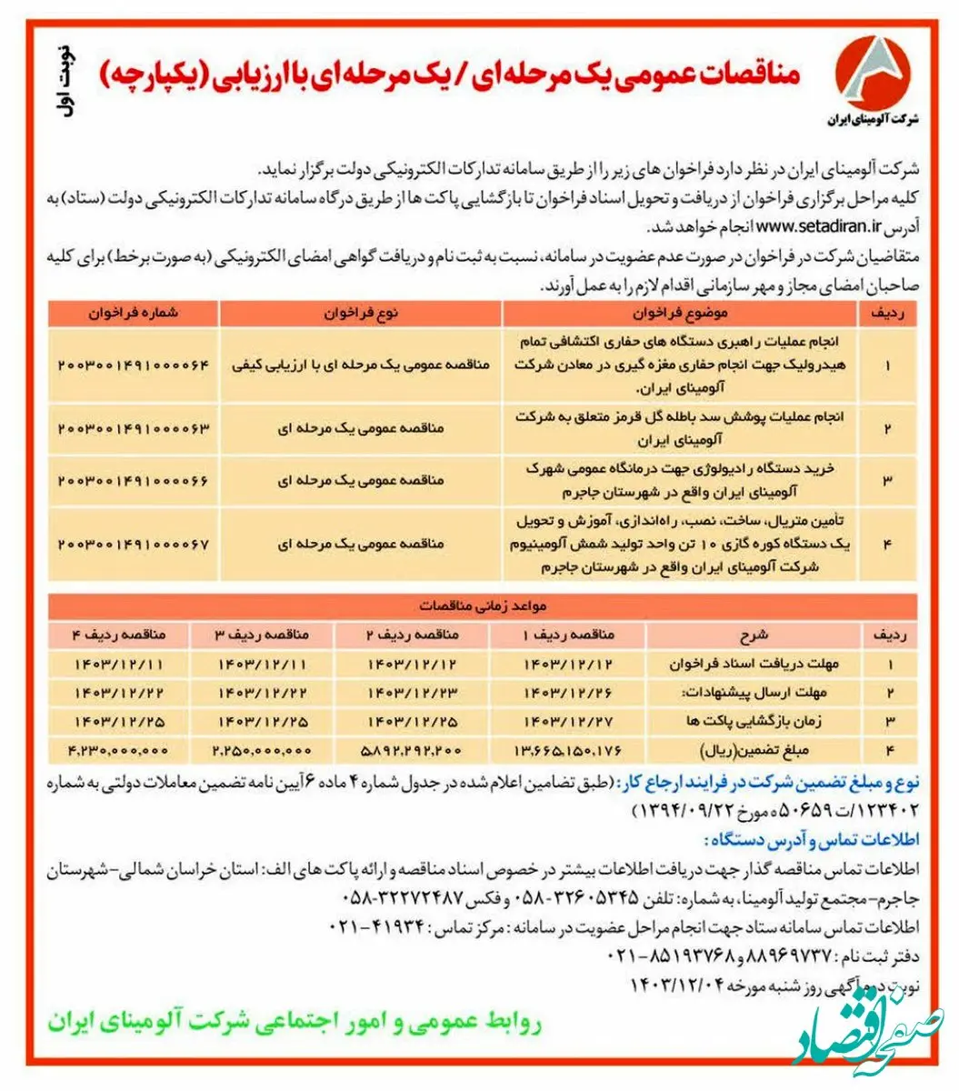 چاپ و انتشار آگهی نوبت اول مناقصات عمومی یک مرحله ای/یک مرحله ای با ارزیابی (یکپارچه) شرکت آلومینای ایران در روزنامه های
