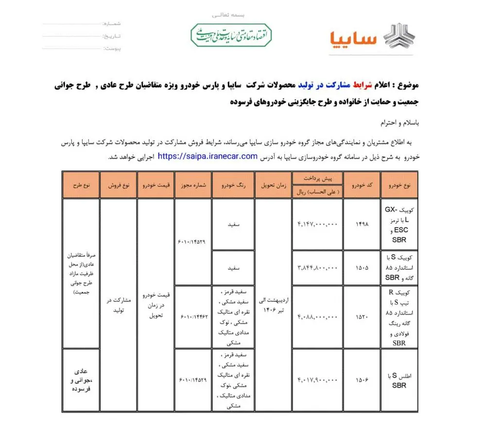 شرایط فروش چهار محصول سایپا اعلام شد (اردیبهشت ۱۴۰۵)