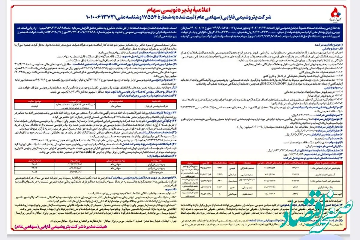 اعلامیۀ پذیره‌نویسی سهام شرکت پتروشیمی فارابی  (سهامی عام)