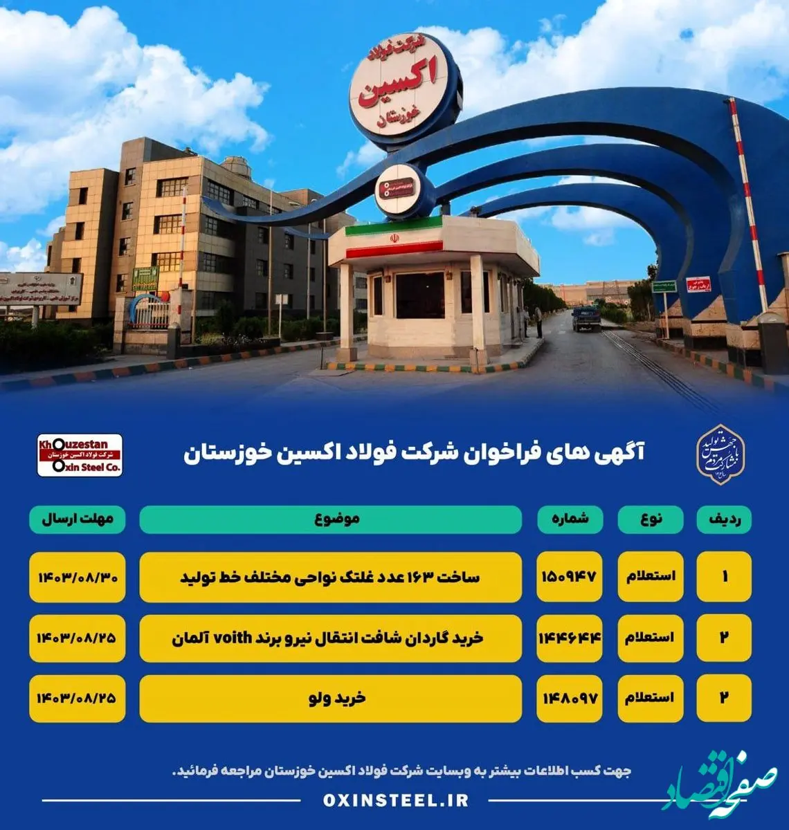 فراخوان استعلام ساخت 163 عدد غلتک نواحی مختلف خط تولید / فراخوان استعلام خرید گاردان شافت انتقال نیرو