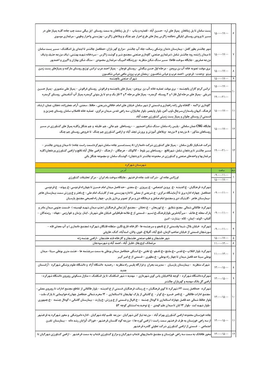 برنامه قطعی برق چهارمحال‌ و بختیاری‌ سه شنبه ۱۱ شهریور + جدول