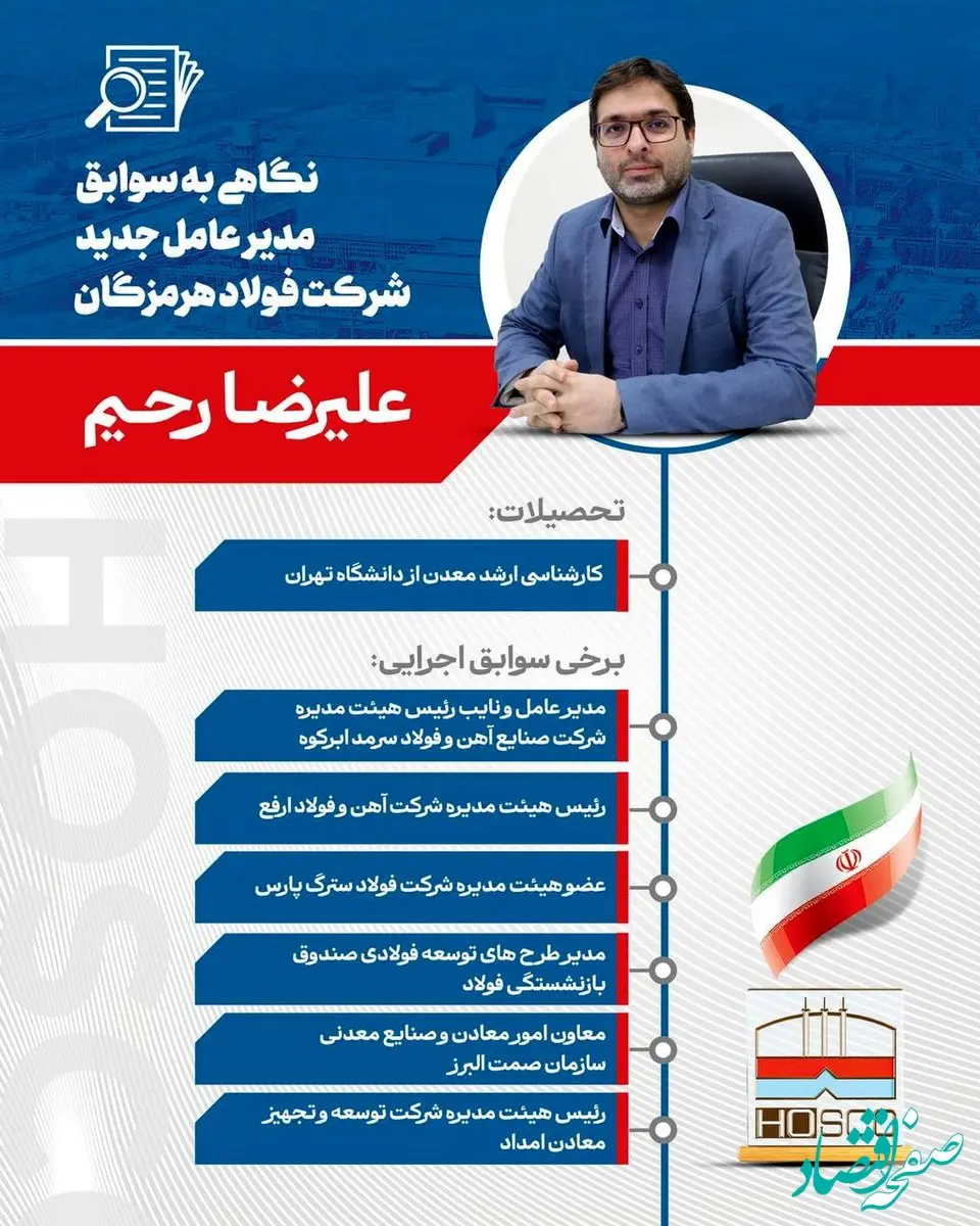 با تصویب هیئت‌مدیره شرکت فولاد هرمزگان جنوب، مهندس علیرضا رحیم به عنوان مدیرعامل این شرکت منصوب شد