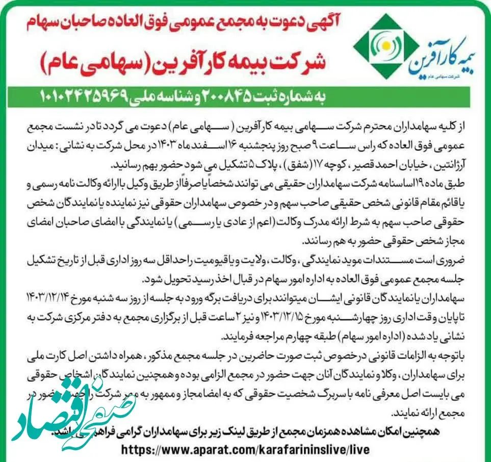 بیمه کارآفرین به مجمع عمومی می رود