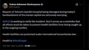 واکنش رئیس سازمان جهانی بهداشت به حمله آمریکا و اسرائیل به بیمارستان گاندی