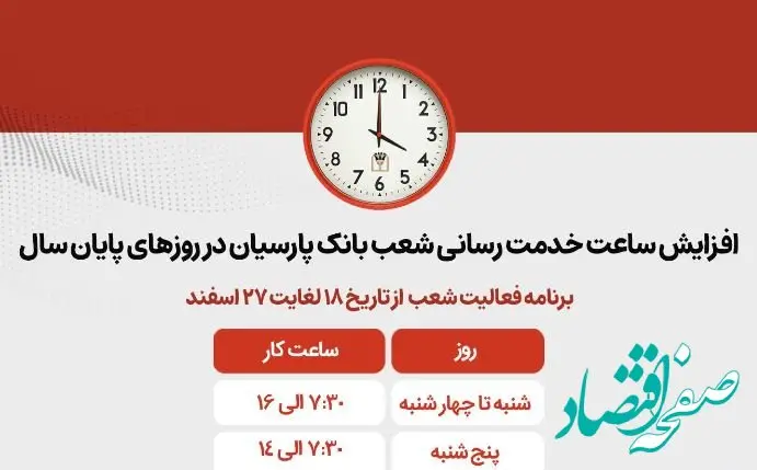 افزایش ساعات کاری شعب بانک پارسیان در روزهای پایانی سال