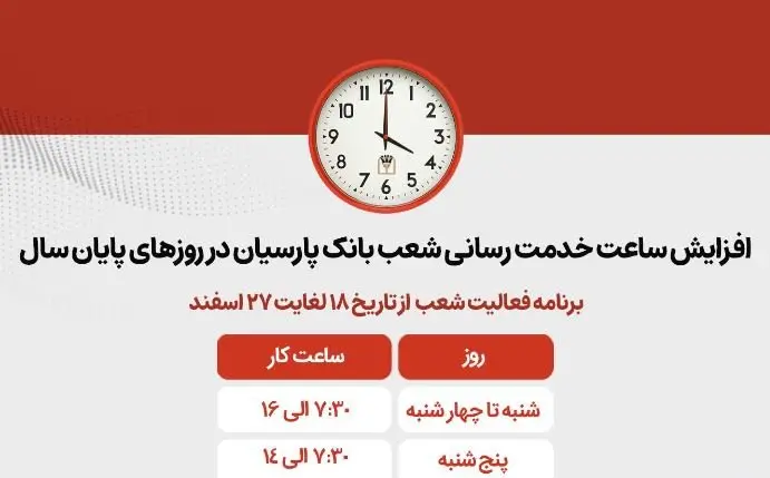 افزایش ساعات کاری شعب بانک پارسیان در روزهای پایانی سال