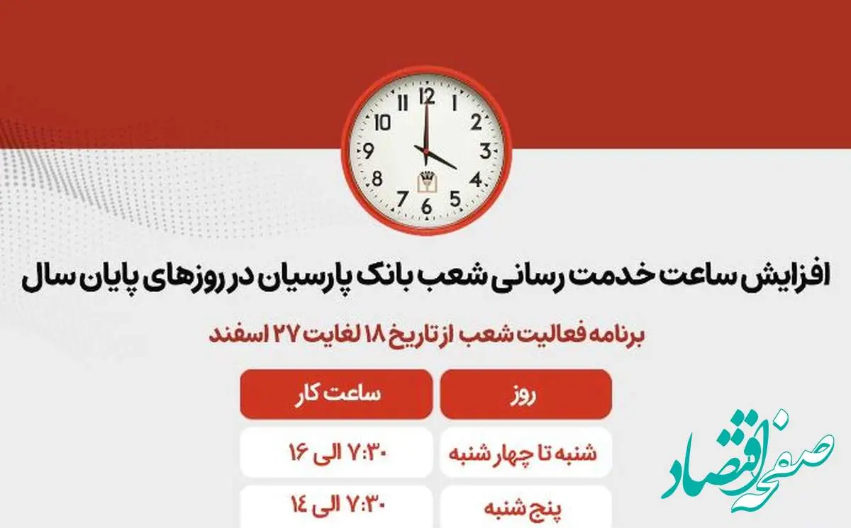 افزایش ساعات کاری شعب بانک پارسیان در روزهای پایانی سال