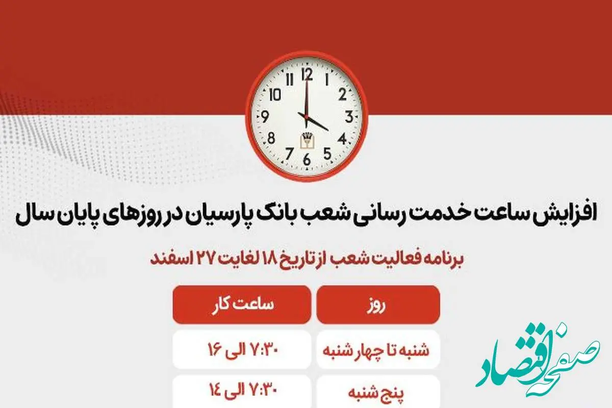 افزایش ساعات کاری شعب بانک پارسیان در روزهای پایانی سال