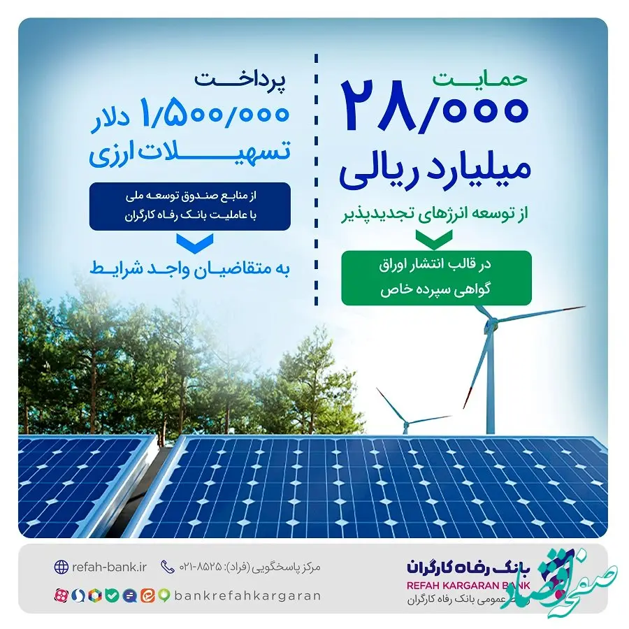 حمایت 28.000 میلیارد ریالی بانک رفاه کارگران از توسعه انرژی‌‌های تجدیدپذیر در سال جاری