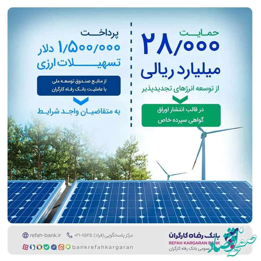حمایت 28.000 میلیارد ریالی بانک رفاه کارگران از توسعه انرژی‌‌های تجدیدپذیر در سال جاری