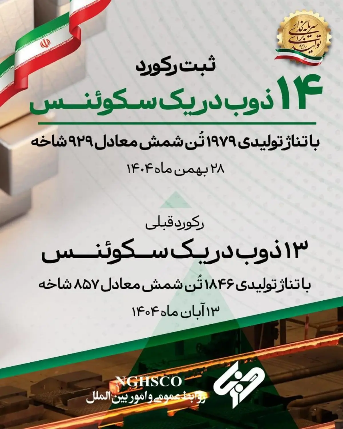 ثبت رکوردی جدید در واحد فولادسازی غدیر نی ریز
