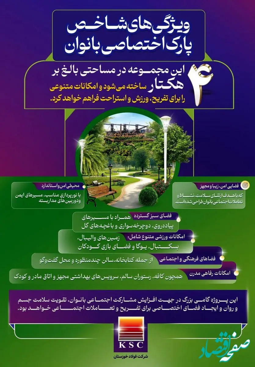 ویژگی های شاخص پارک اختصاصی بانوان در فولاد خوزستان