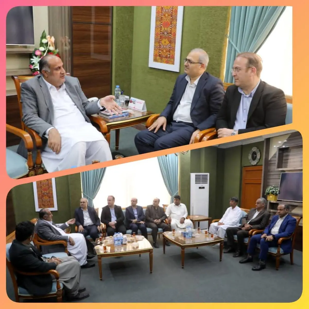 دیدار و نشست دکتر سیدعلی هاشمی عضو هیات مدیره شرکت آزمایشگاه فنی و مکانیک خاک کشور، دکتر عبدالغفور تمندانی مدیرکل آزمایشگاه مکانیک خاک استان سیستان و بلوچستان و هیات همراه با دکتر محمد سعید اربابی رئیس هیات مدیره و مدیرعامل سازمان منطقه آزاد چابهار