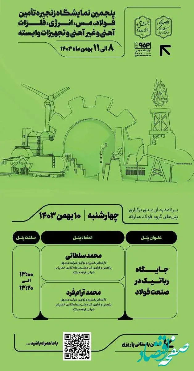 برنامه زمان‌بندی برگزاری پنل‌های گروه فولاد مبارکه در سومین روز از پنجمین نمایشگاه زنجیره تأمین فولاد، مس، انرژی، فلزات آهنی و غیرآهنی و تجهیزات وابسته کرمان