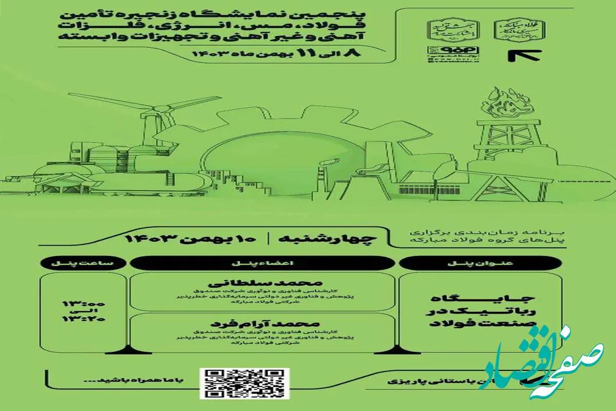 برنامه زمان‌بندی برگزاری پنل‌های گروه فولاد مبارکه در سومین روز از پنجمین نمایشگاه زنجیره تأمین فولاد، مس، انرژی، فلزات آهنی و غیرآهنی و تجهیزات وابسته کرمان