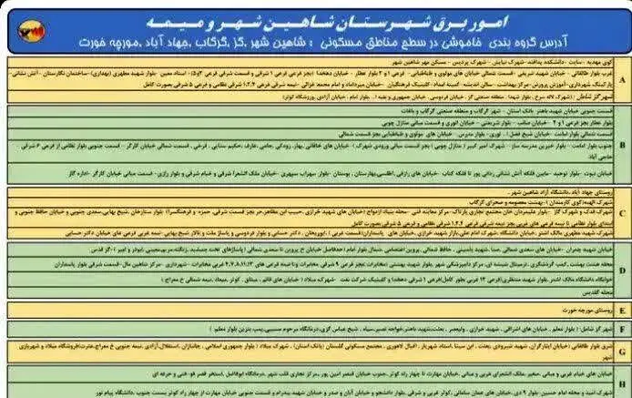 قطعی برق استان اصفهان چهارشنبه ۱۹ شهریور ۱۴۰۴ + جدول