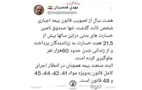 مهدی قمصریان: صندوق تامین در 8 سال ۲۱.۵ همت خسارت پرداخت و از حبس حدود ۶۰هزار نفر جلوگیری کرده است