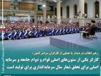 رهبر انقلاب در دیدار با جمعی از کارگران سراسر کشور: کارگر یکی از ستون های اصلی قوام و دوام جامعه و سرمایه اصلی برای تحقق شعار سال سرمایه گذاری برای تولید است