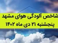 شاخص آلودگی هوای مشهد امروز پنجشنبه ۲۱ دی ماه ۱۴۰۲ + کیفیت هوای مشهد امروز به تفکیک مناطق 