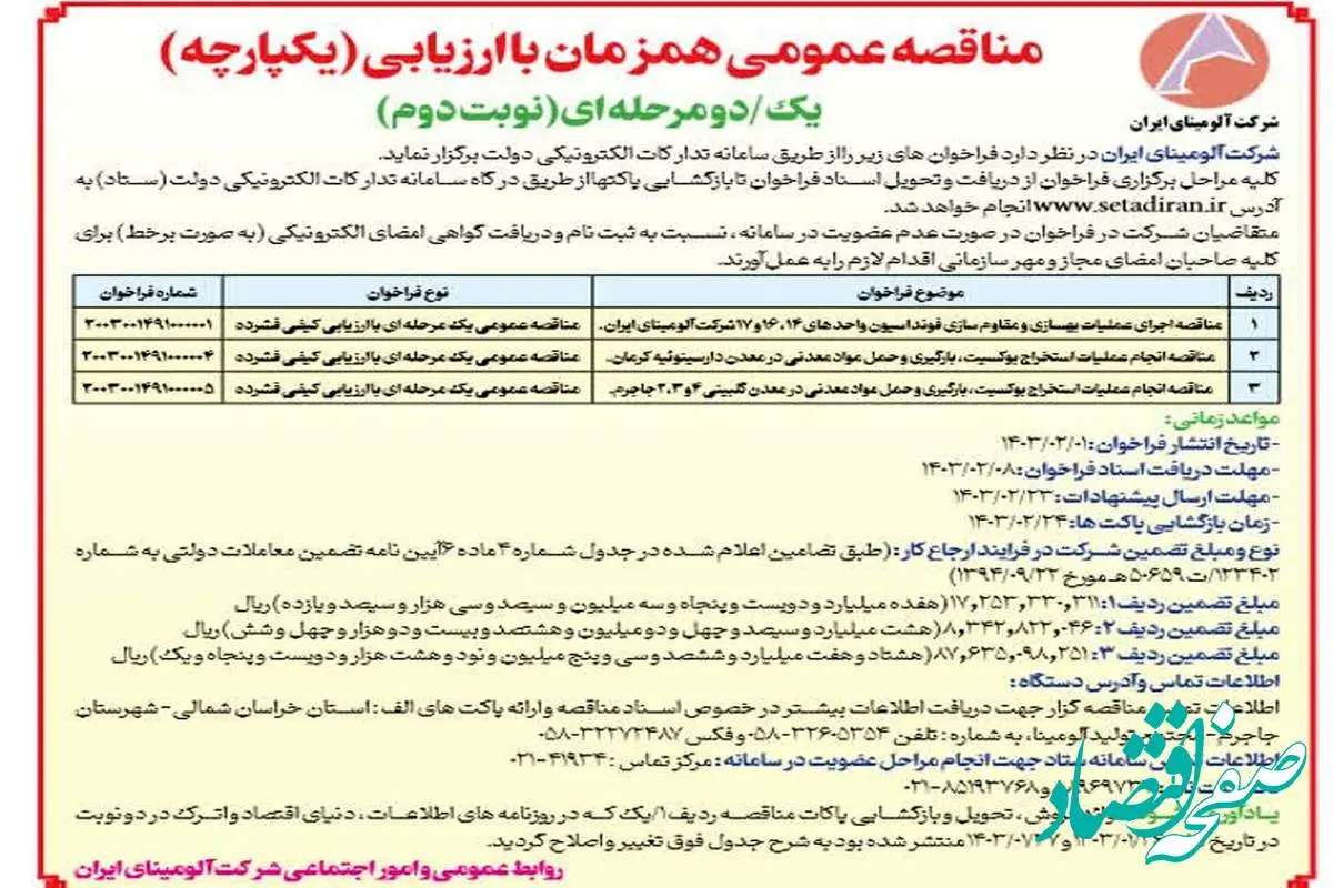 چاپ و انتشار نوبت دوم فراخوان عمومی مناقصات یک مرحله ای شرکت آلومینای ایران در روزنامه های