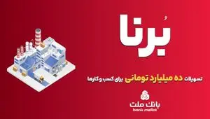 بانک ملت به کسب و کارها در قالب طرح برنا ۱۰ میلیارد تومان تسهیلات می دهد