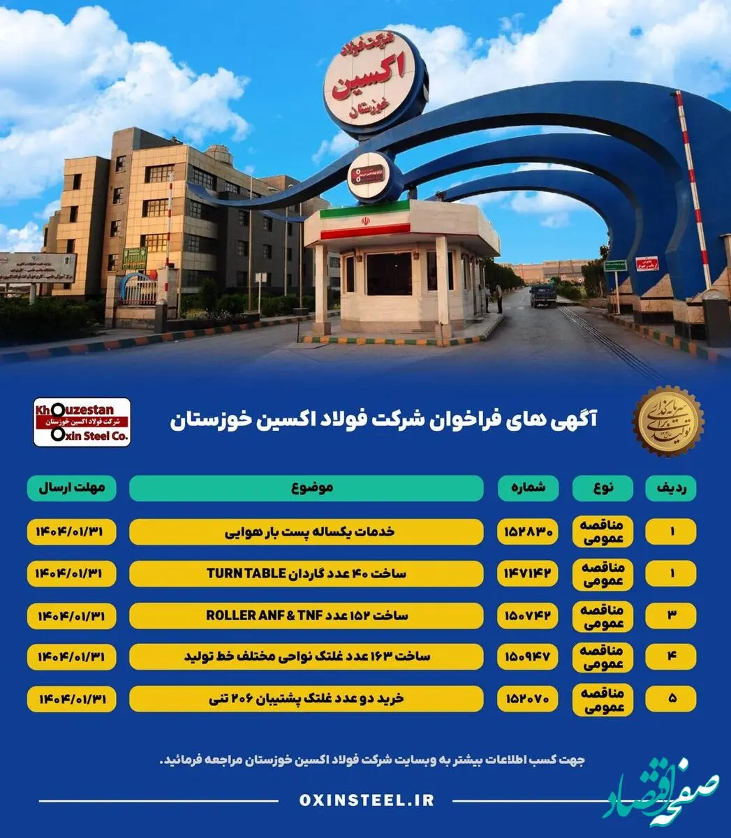 آگهی های فراخوان شرکت فولاد اکسین خوزستان