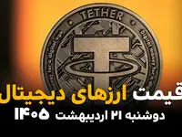 جدول قیمت ارزهای دیجیتال امروز دوشنبه ۲۱ اردیبهشت ماه ۱۴۰۵ و قیمت بیت کوین و اتریوم 