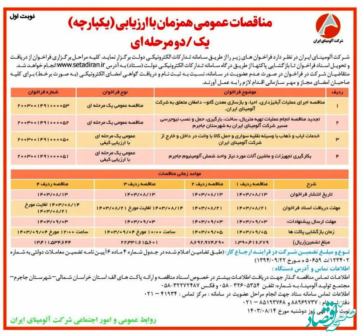 چاپ و انتشار نوبت اول مناقصات عمومی شرکت آلومینای ایران در روزنامه های